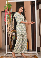 Cream Green Handblock Printed Cotton Kurta Set for Women