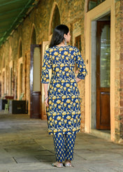 Navy Blue Floral Printed Cotton Kurta Set with Dupatta