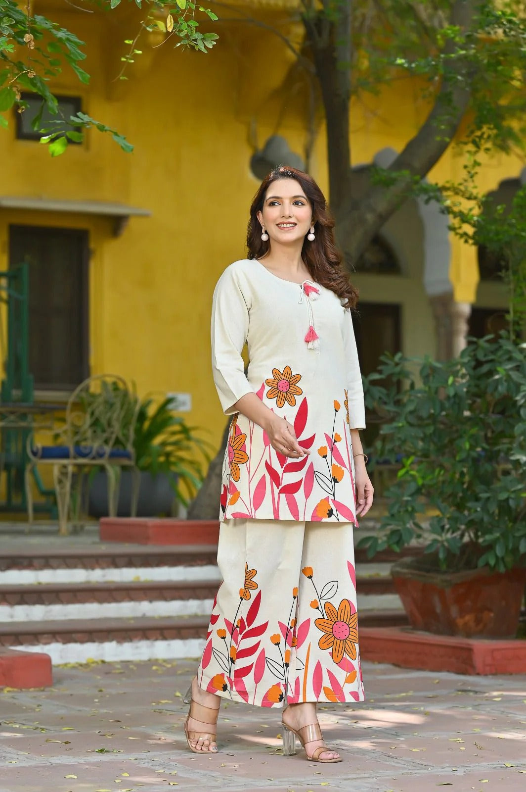 Cream Floral Printed Cotton Kurta Set for Women