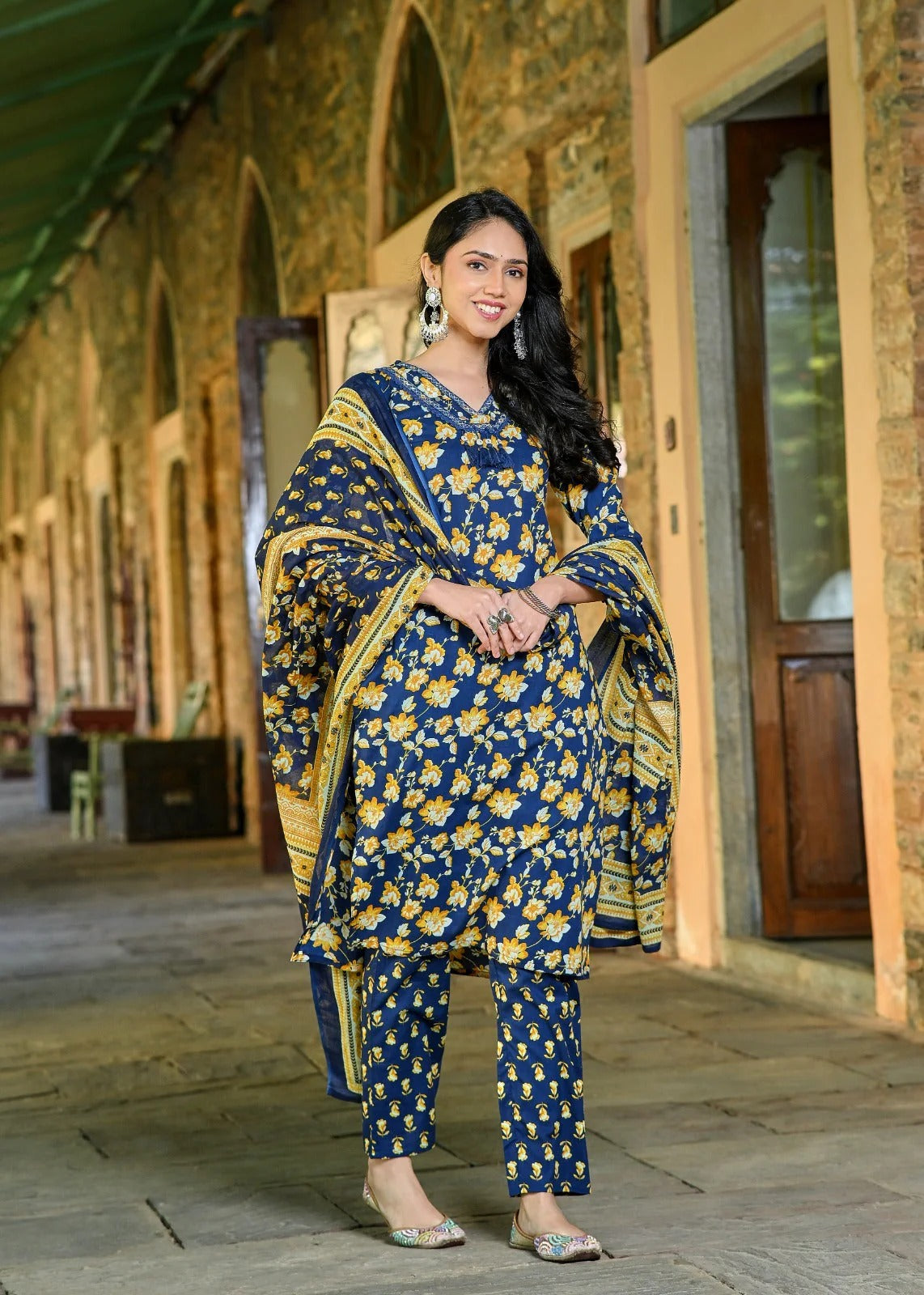 Navy Blue Floral Printed Cotton Kurta Set with Dupatta