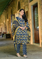 Navy Blue Floral Printed Cotton Kurta Set with Dupatta
