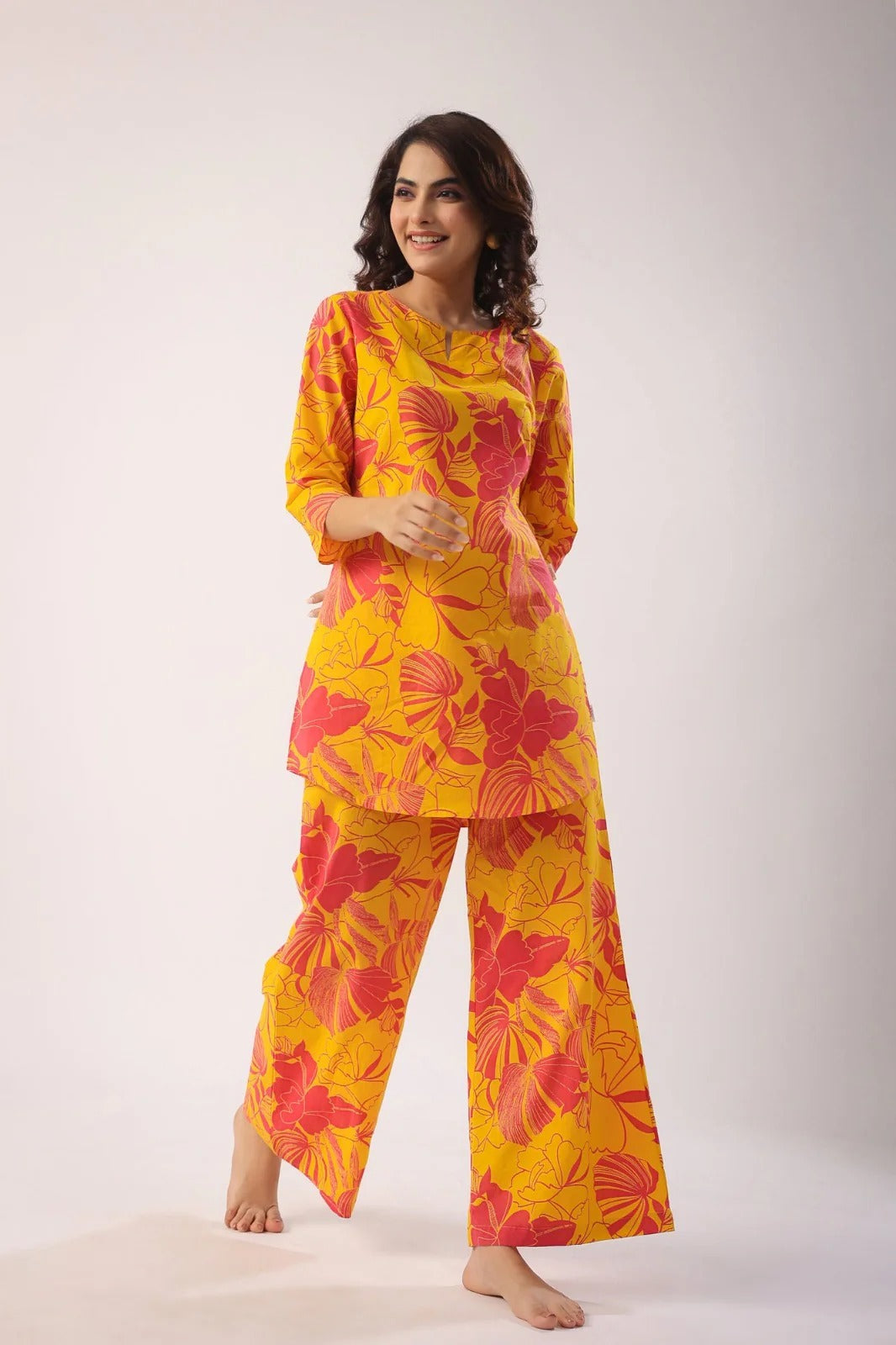 Yellow & Pink Floral Printed Cotton Kurta Set for Women