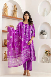 Purple Bandhani Printed Cotton Suit Set with Dupatta