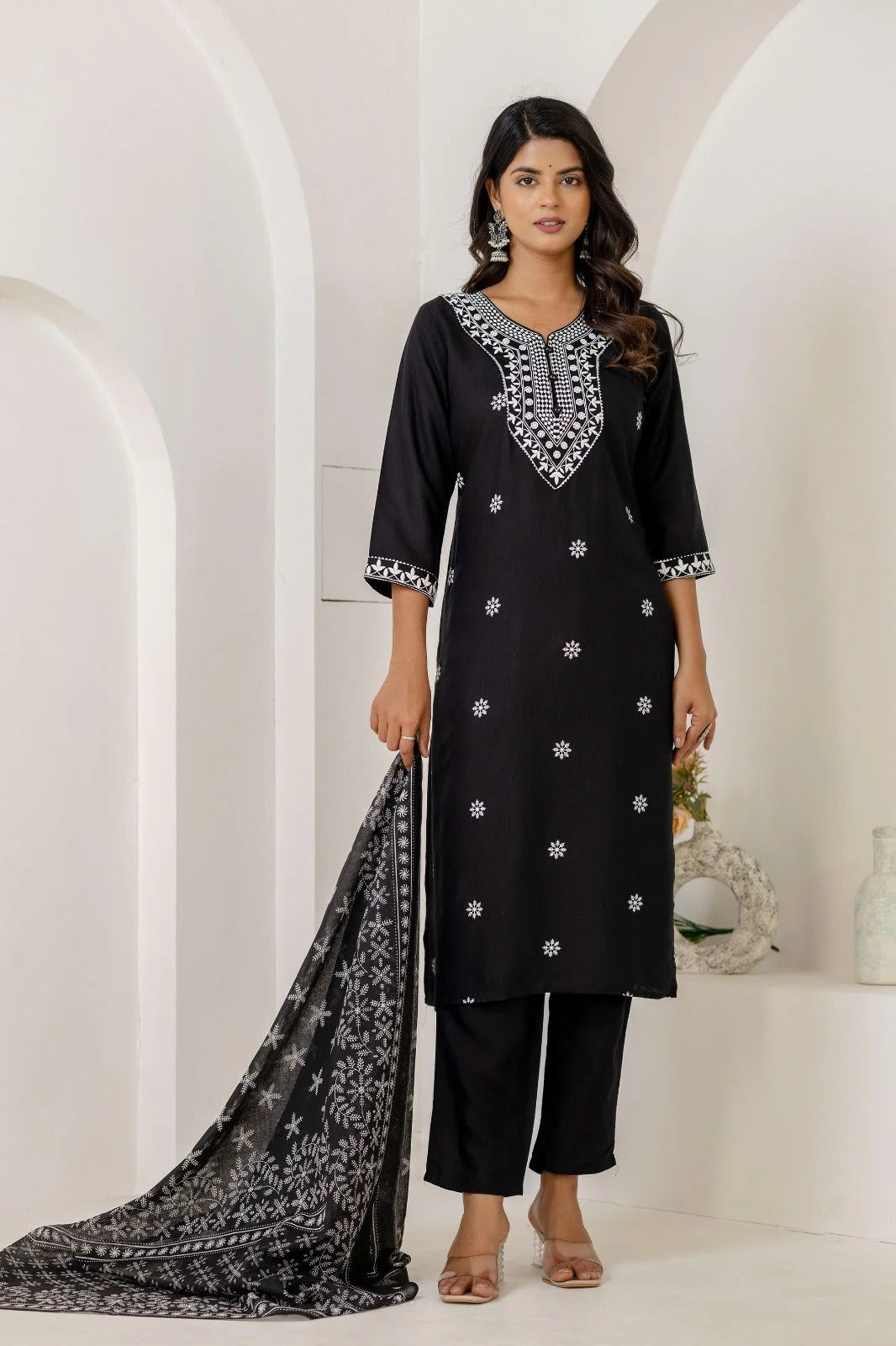 Black & White Embroidered Cotton Straight Kurta Set with Chiffon Dupatta