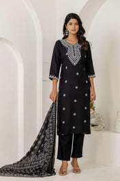 Black & White Embroidered Cotton Straight Kurta Set with Chiffon Dupatta