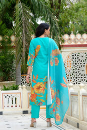 Turquoise Floral Printed Straight Kurta Set with Pant & Chiffon Dupatta