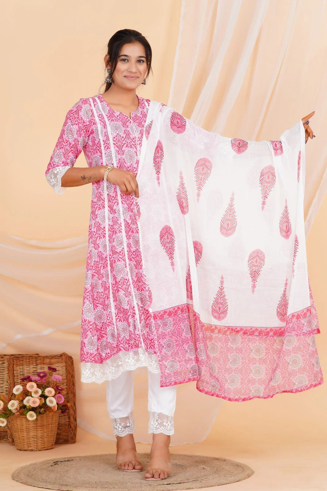 Pink Printed Straight Kurta with Lace Detailing & White Cotton Pant