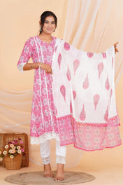 Pink Printed Straight Kurta with Lace Detailing & White Cotton Pant