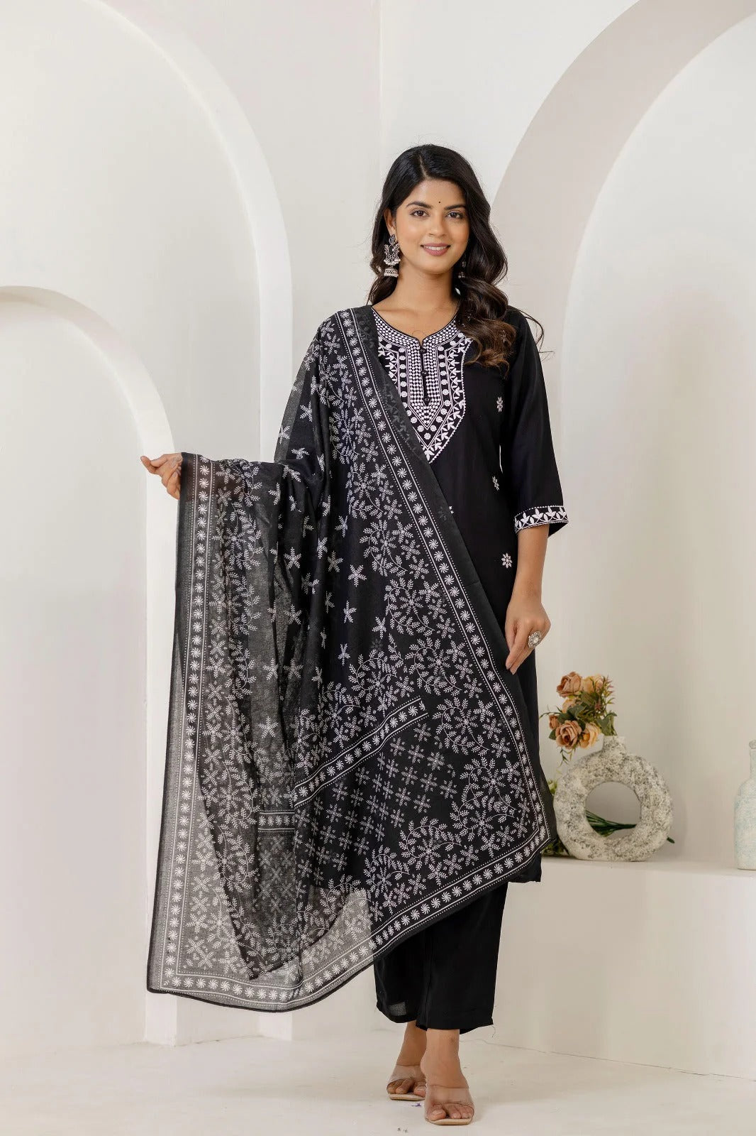 Black & White Embroidered Cotton Straight Kurta Set with Chiffon Dupatta