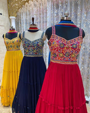 Faux Georgette Embroidery Ruffel Layer Work Long Gown