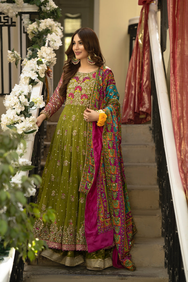 Green Color Embrodiery Work Anarkali Pishwa Suit Designs