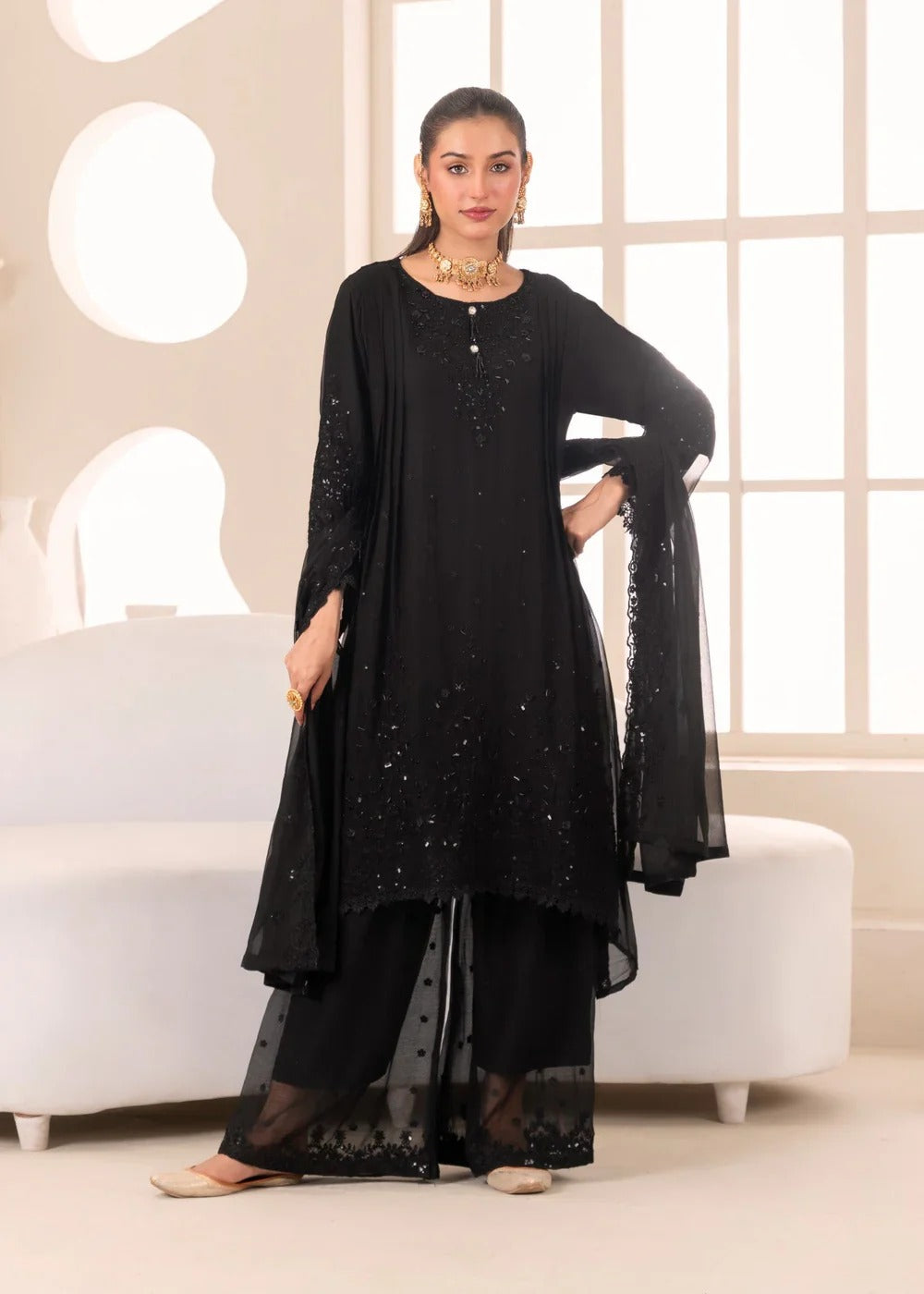 Black Sequins Embroidered Georgette Kurta Set for Women