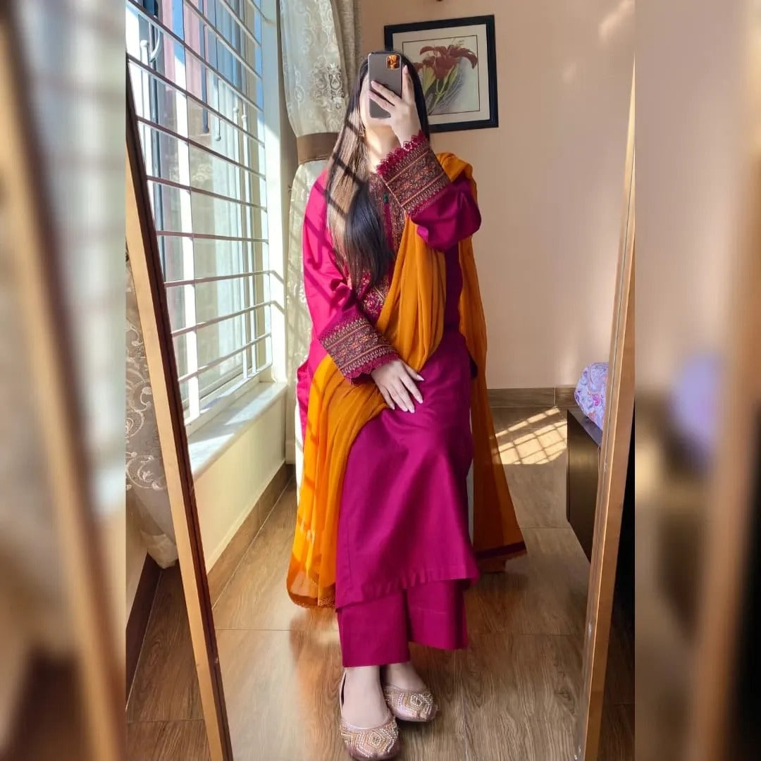 Magenta Embroidered Kurta Set with Mustard Dupatta