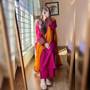 Magenta Embroidered Kurta Set with Mustard Dupatta