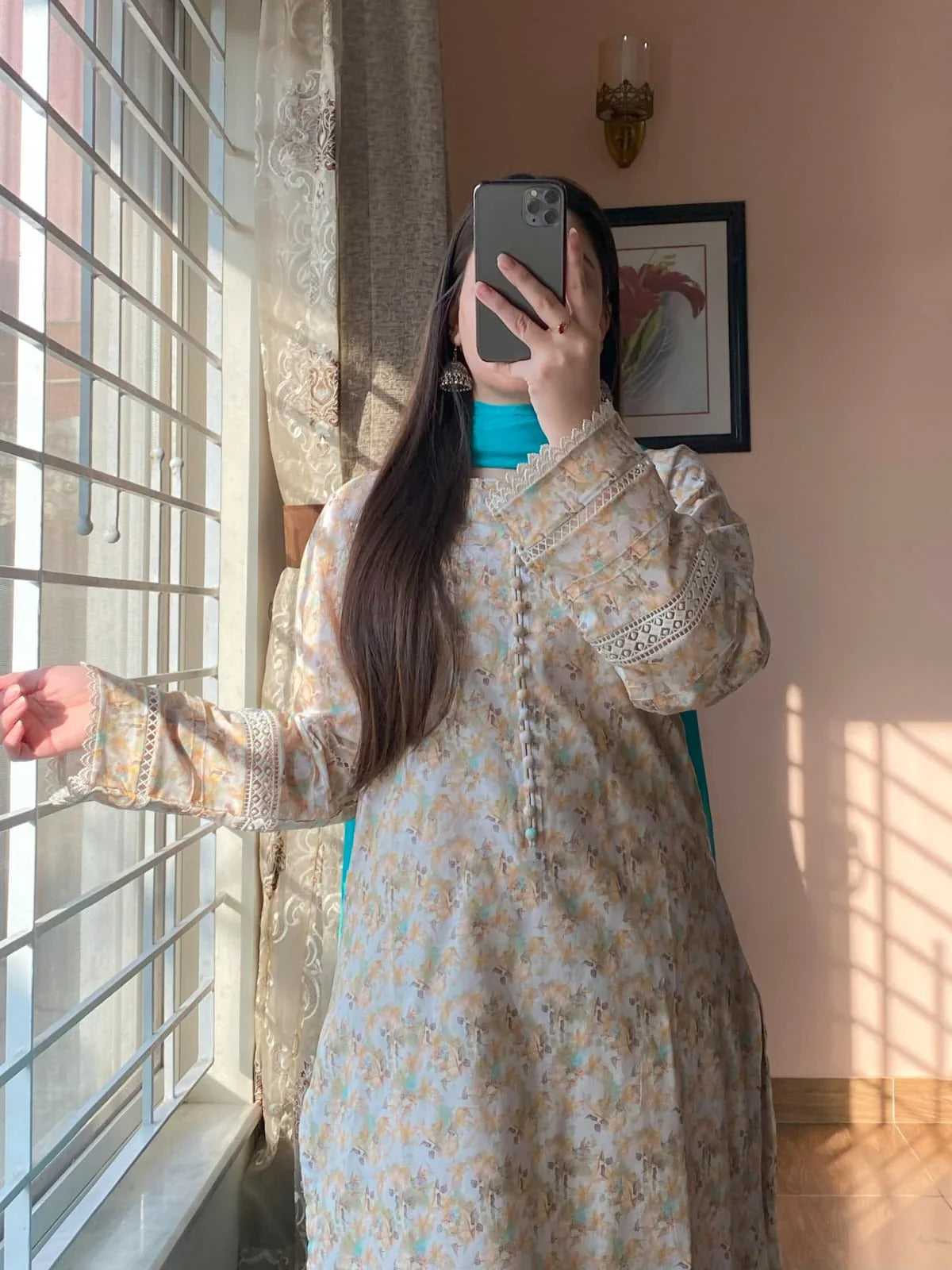 Pastel Beige Floral Cotton Kurta Set with Teal Dupatta