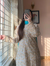 Pastel Beige Floral Cotton Kurta Set with Teal Dupatta