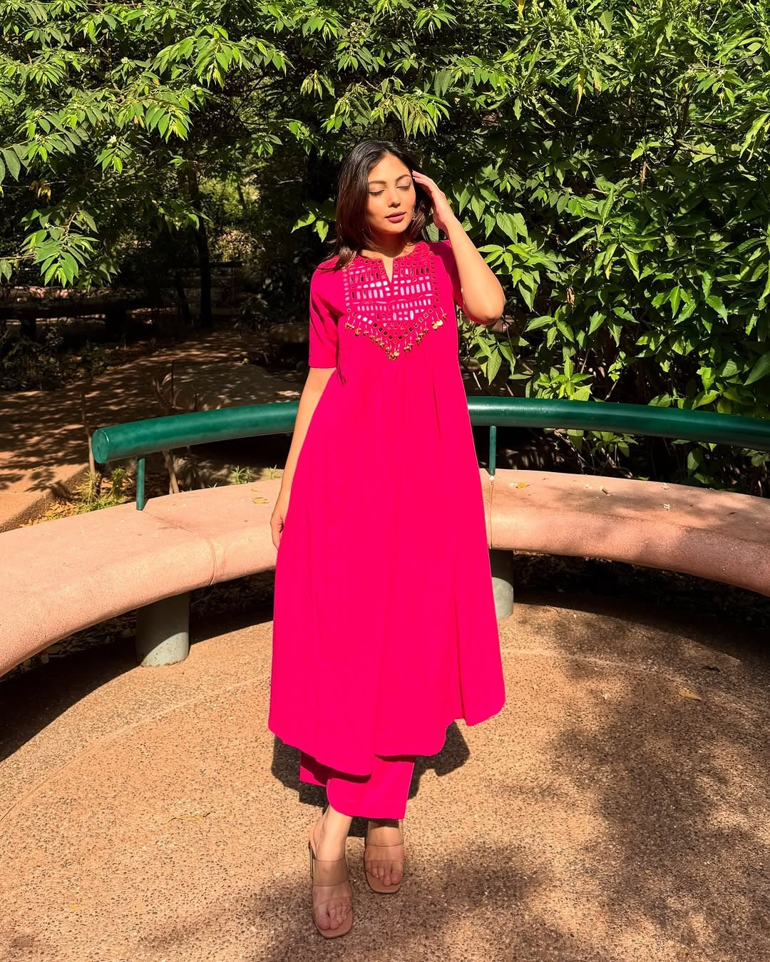 Hot Pink Mirror Work Kurta Set for Women