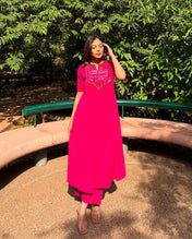 Hot Pink Mirror Work Kurta Set for Women