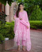 Soft Baby Pink Ikat Printed Cotton Suit Set with Dupatta