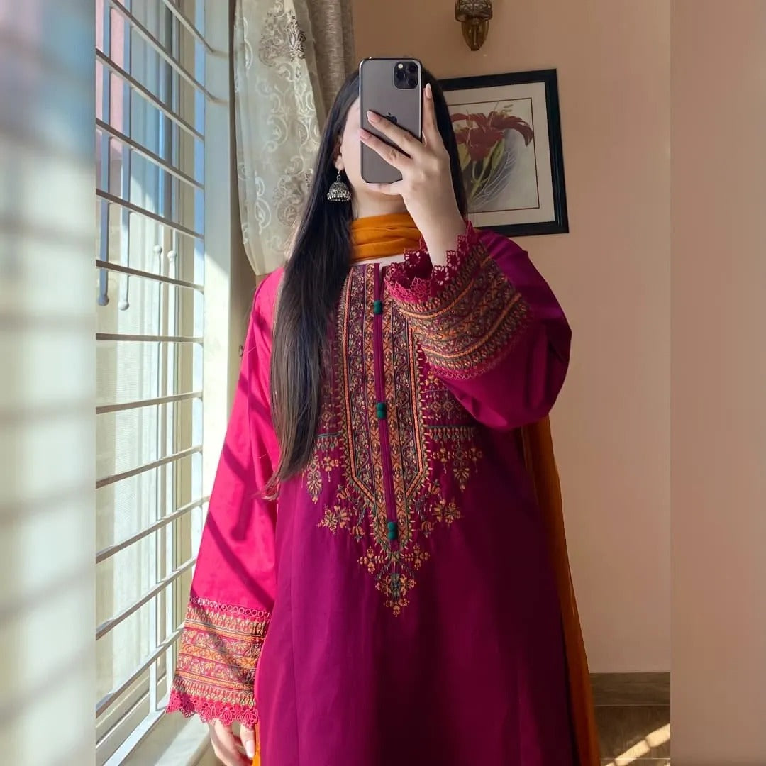 Magenta Embroidered Kurta Set with Mustard Dupatta