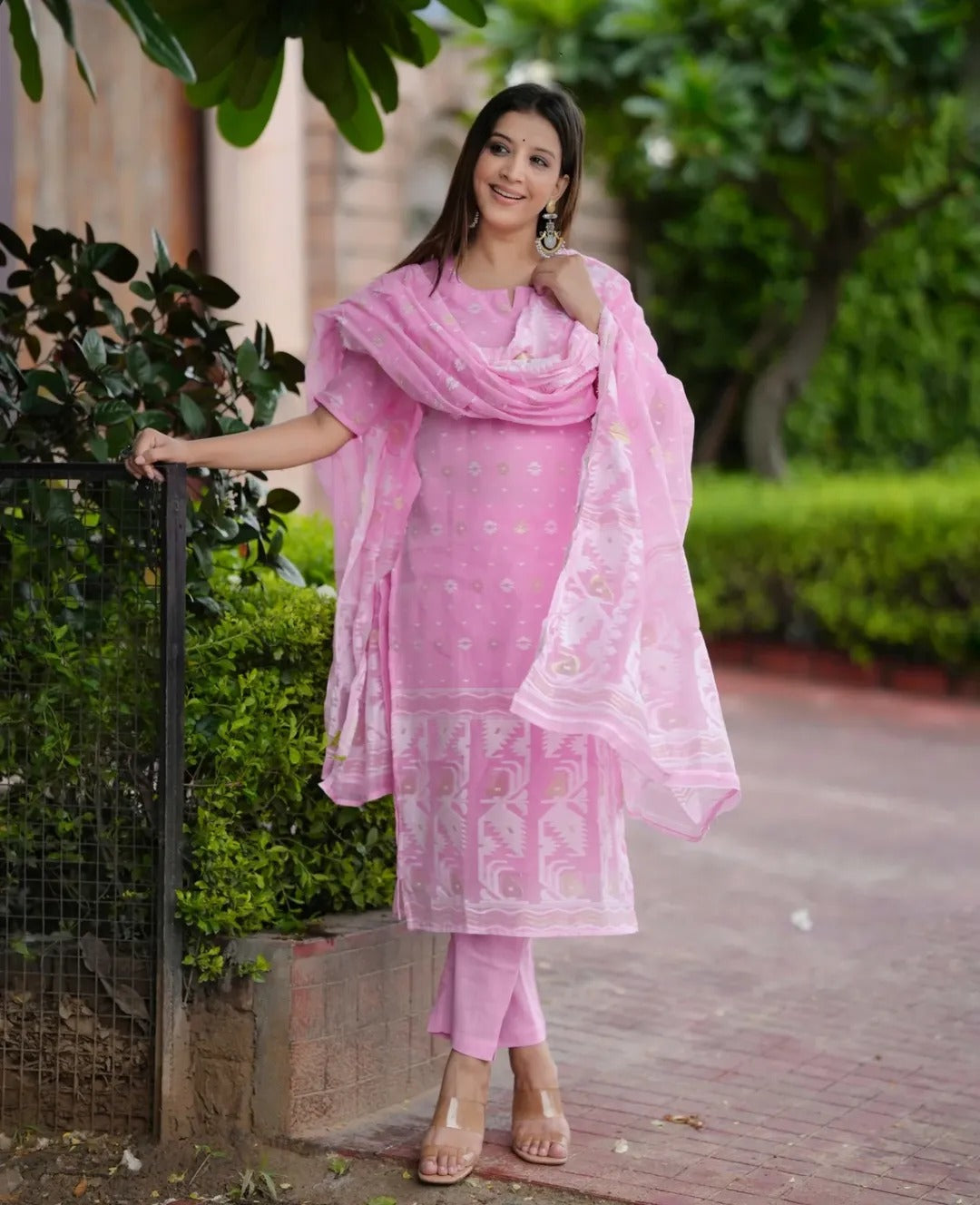 Soft Baby Pink Ikat Printed Cotton Suit Set with Dupatta