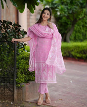 Soft Baby Pink Ikat Printed Cotton Suit Set with Dupatta