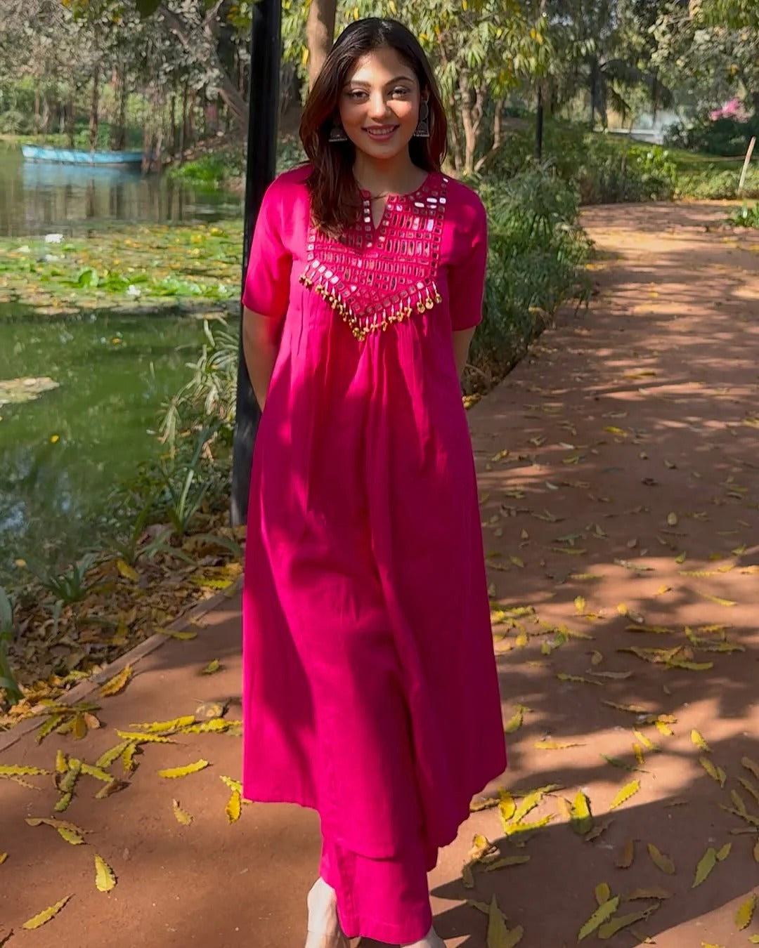 Hot Pink Mirror Work Kurta Set for Women