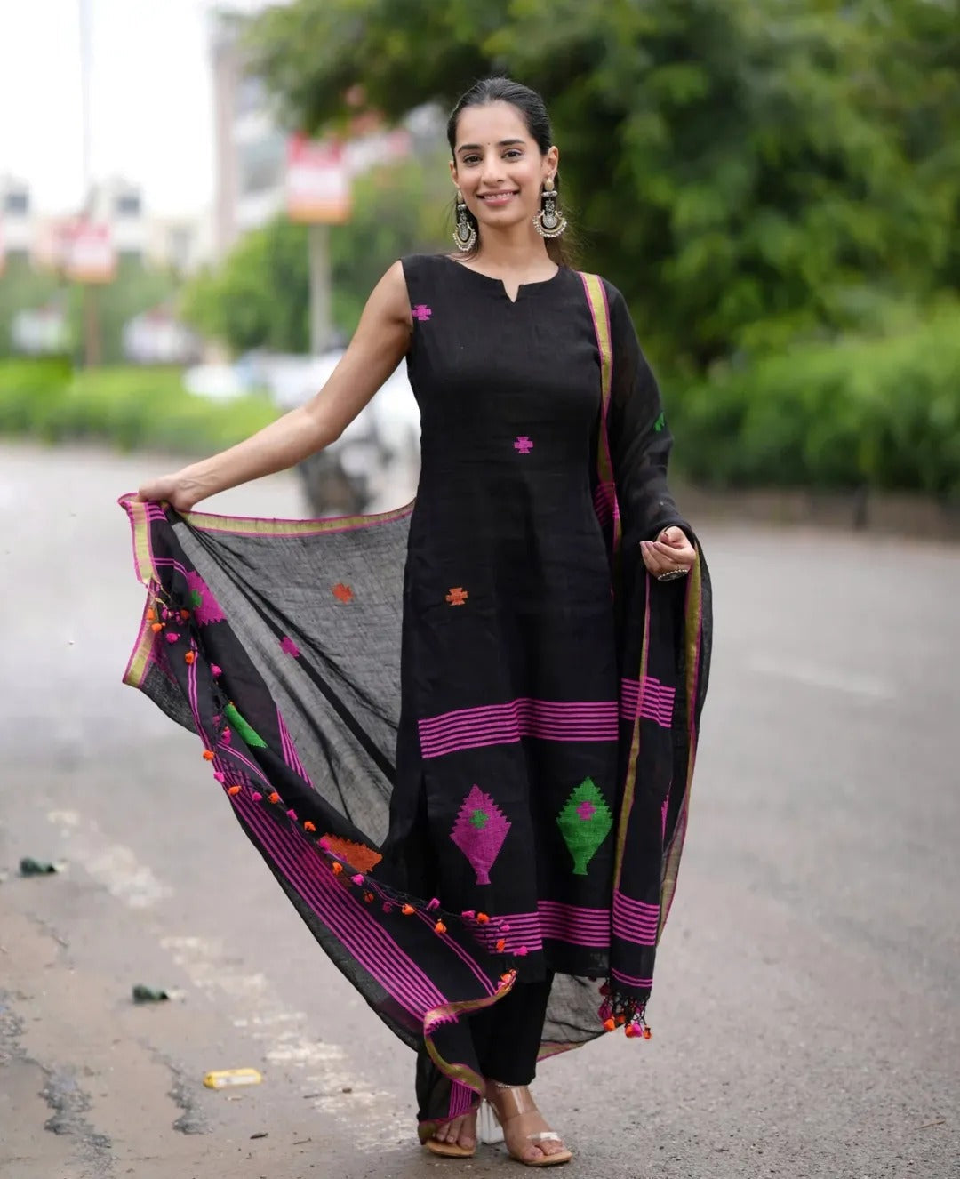 Black Handloom Cotton Suit Set with Multicolor Thread Embroidery & Dupatta