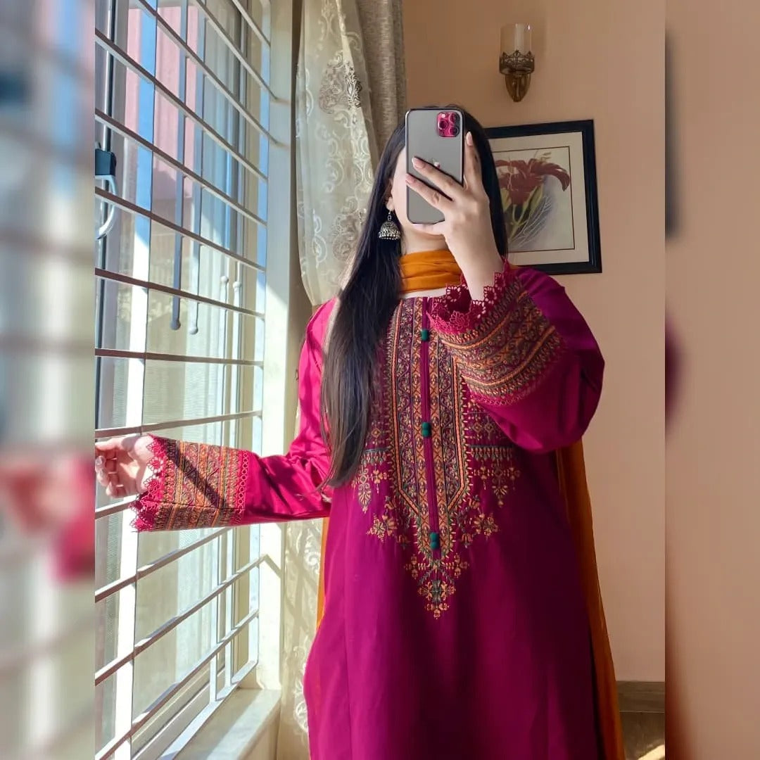 Magenta Embroidered Kurta Set with Mustard Dupatta