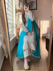 Pastel Beige Floral Cotton Kurta Set with Teal Dupatta