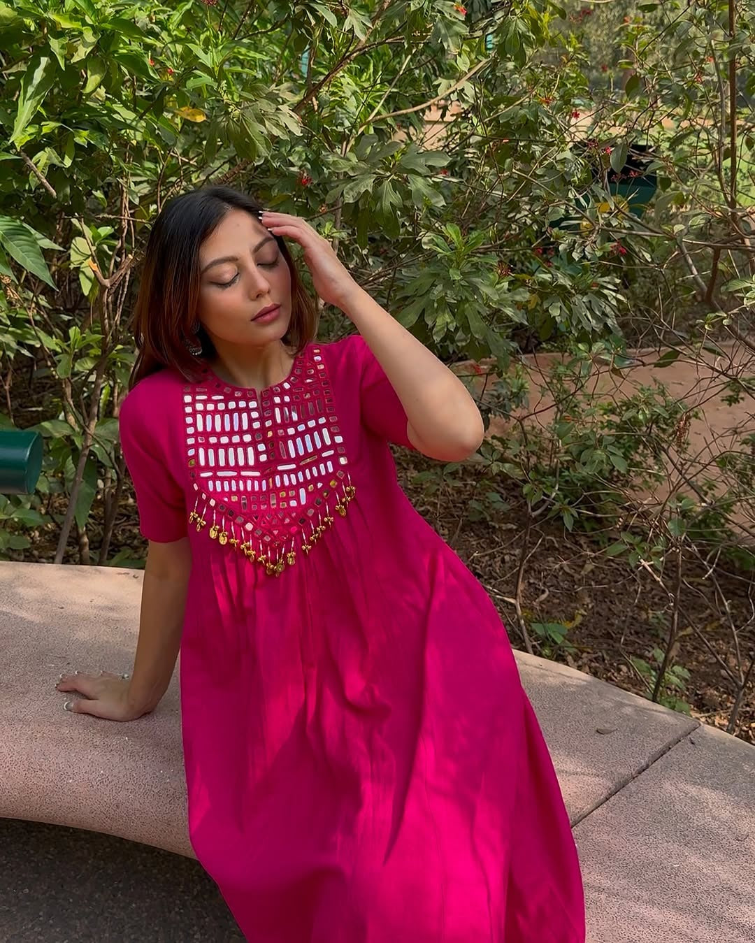 Hot Pink Mirror Work Kurta Set for Women