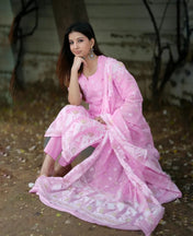 Soft Baby Pink Ikat Printed Cotton Suit Set with Dupatta