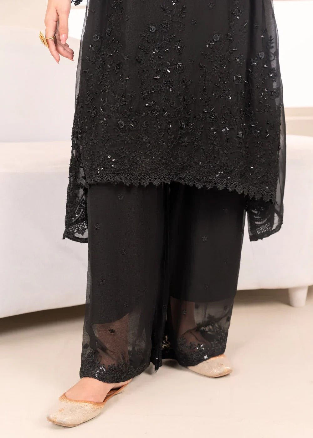 Black Sequins Embroidered Georgette Kurta Set for Women