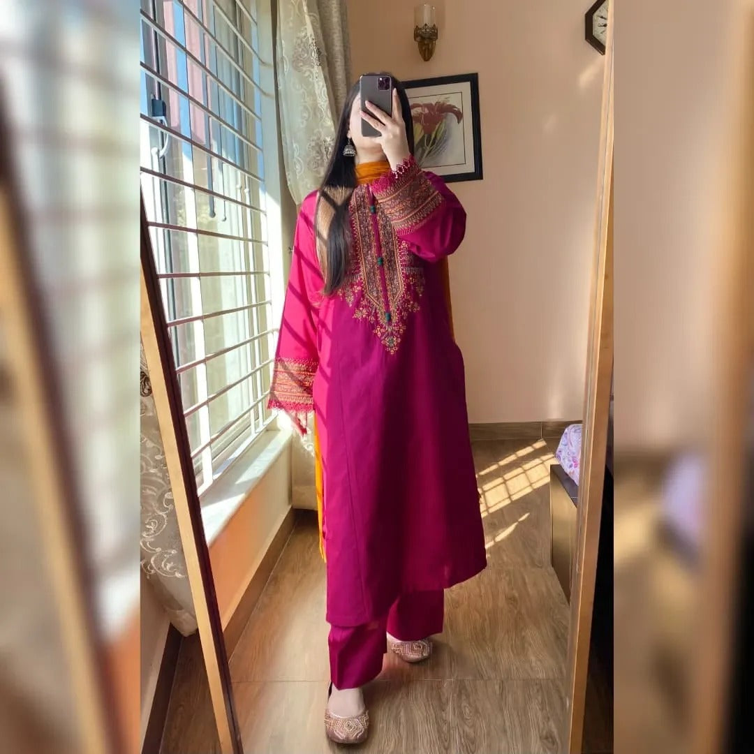 Magenta Embroidered Kurta Set with Mustard Dupatta