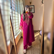 Magenta Embroidered Kurta Set with Mustard Dupatta