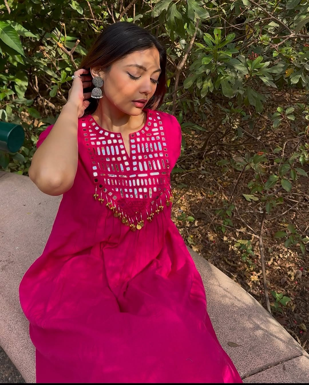 Hot Pink Mirror Work Kurta Set for Women