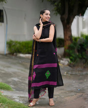 Black Handloom Cotton Suit Set with Multicolor Thread Embroidery & Dupatta