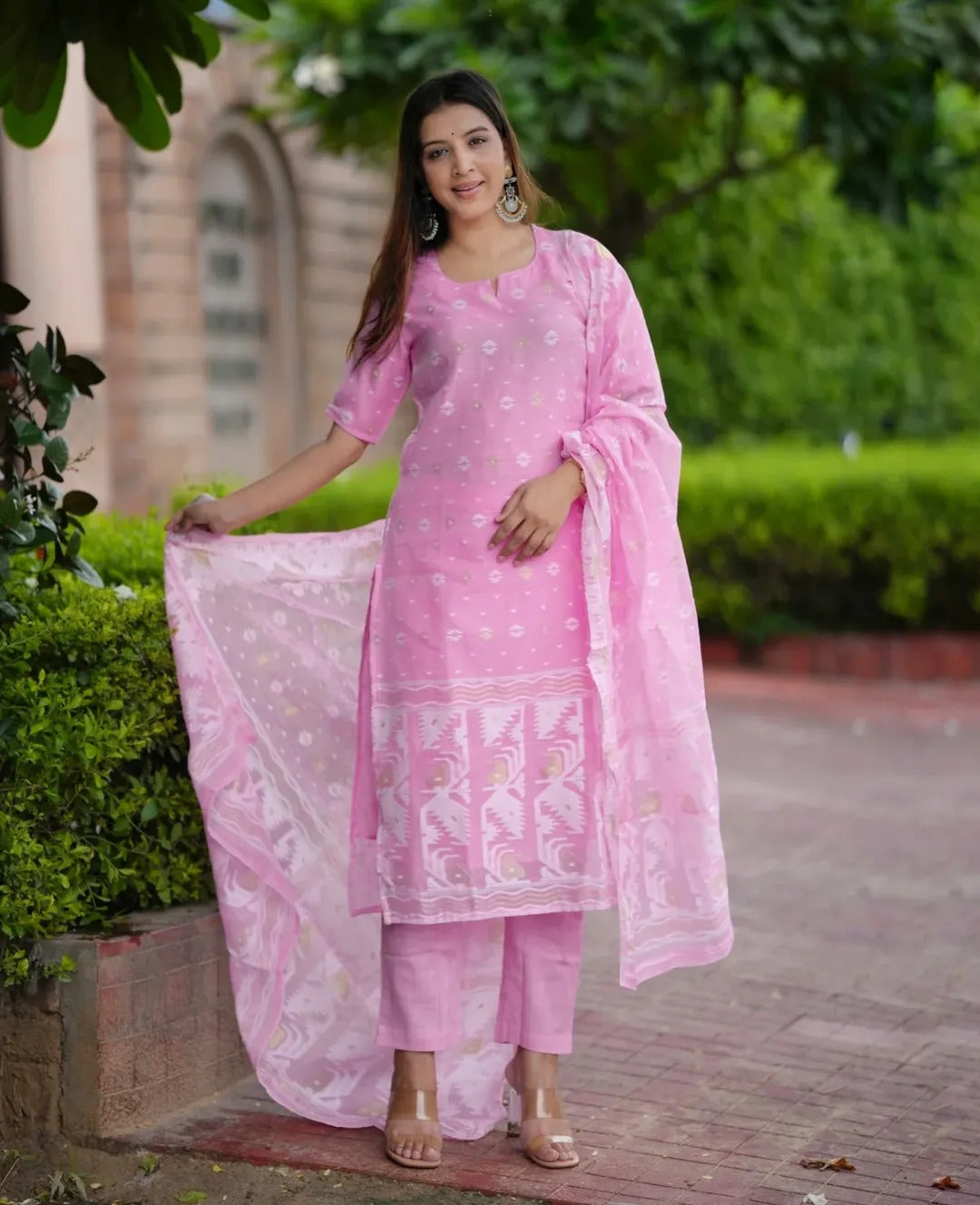 Soft Baby Pink Ikat Printed Cotton Suit Set with Dupatta