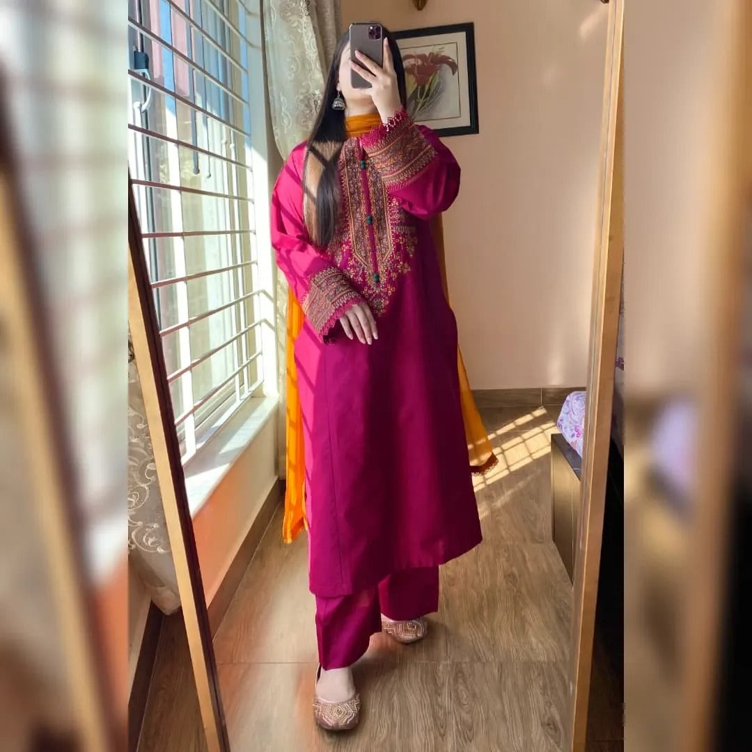Magenta Embroidered Kurta Set with Mustard Dupatta