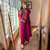 Magenta Embroidered Kurta Set with Mustard Dupatta