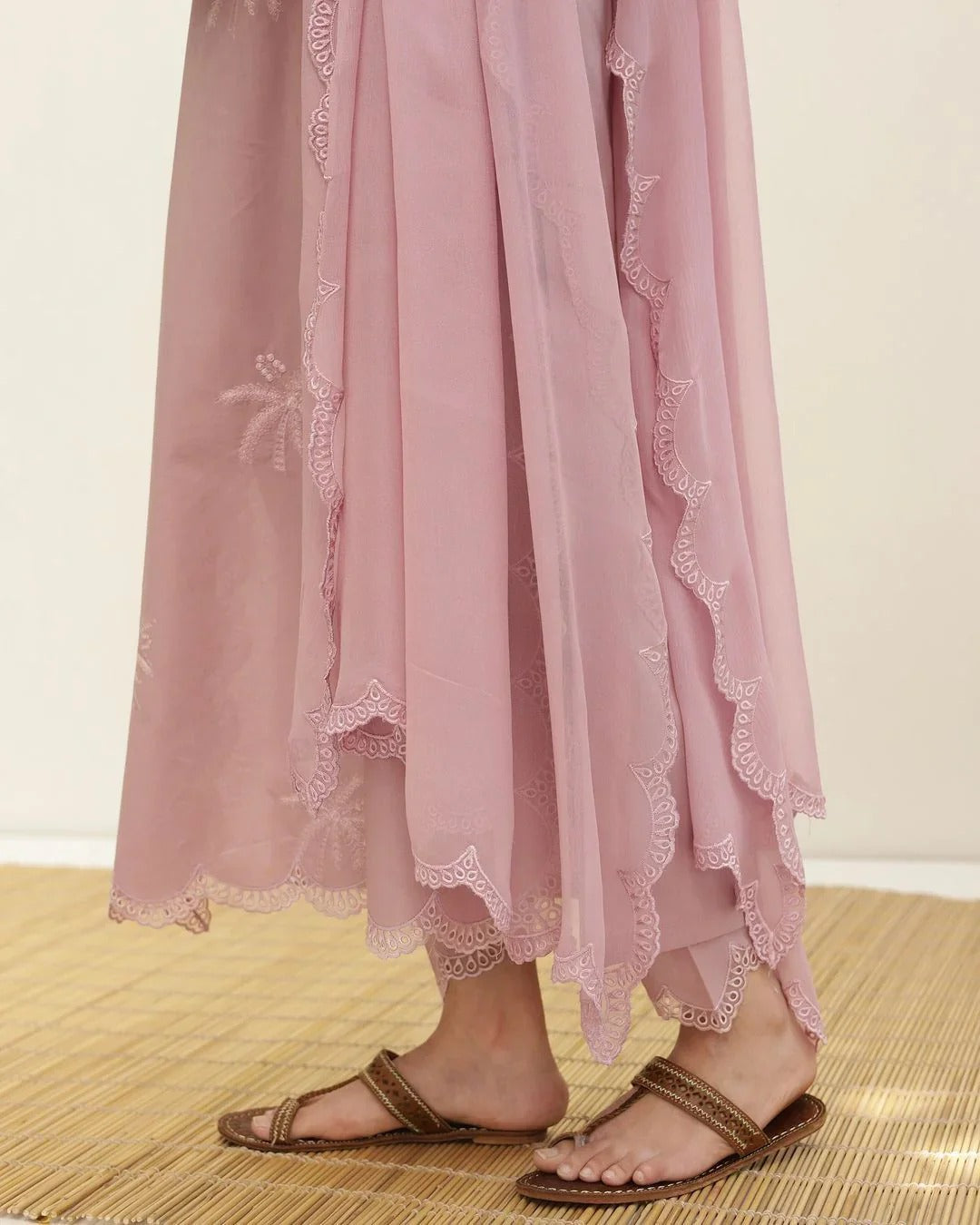 Pastel Pink Embroidered Anarkali Kurta Set with Organza Dupatta