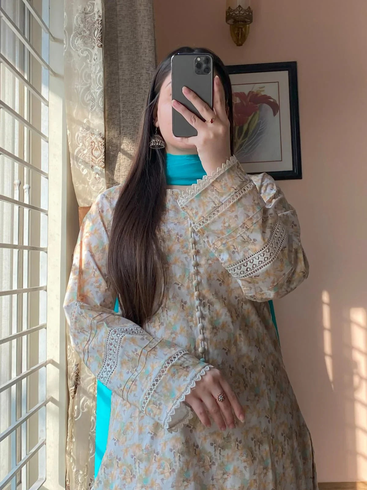 Pastel Beige Floral Cotton Kurta Set with Teal Dupatta