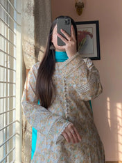 Pastel Beige Floral Cotton Kurta Set with Teal Dupatta