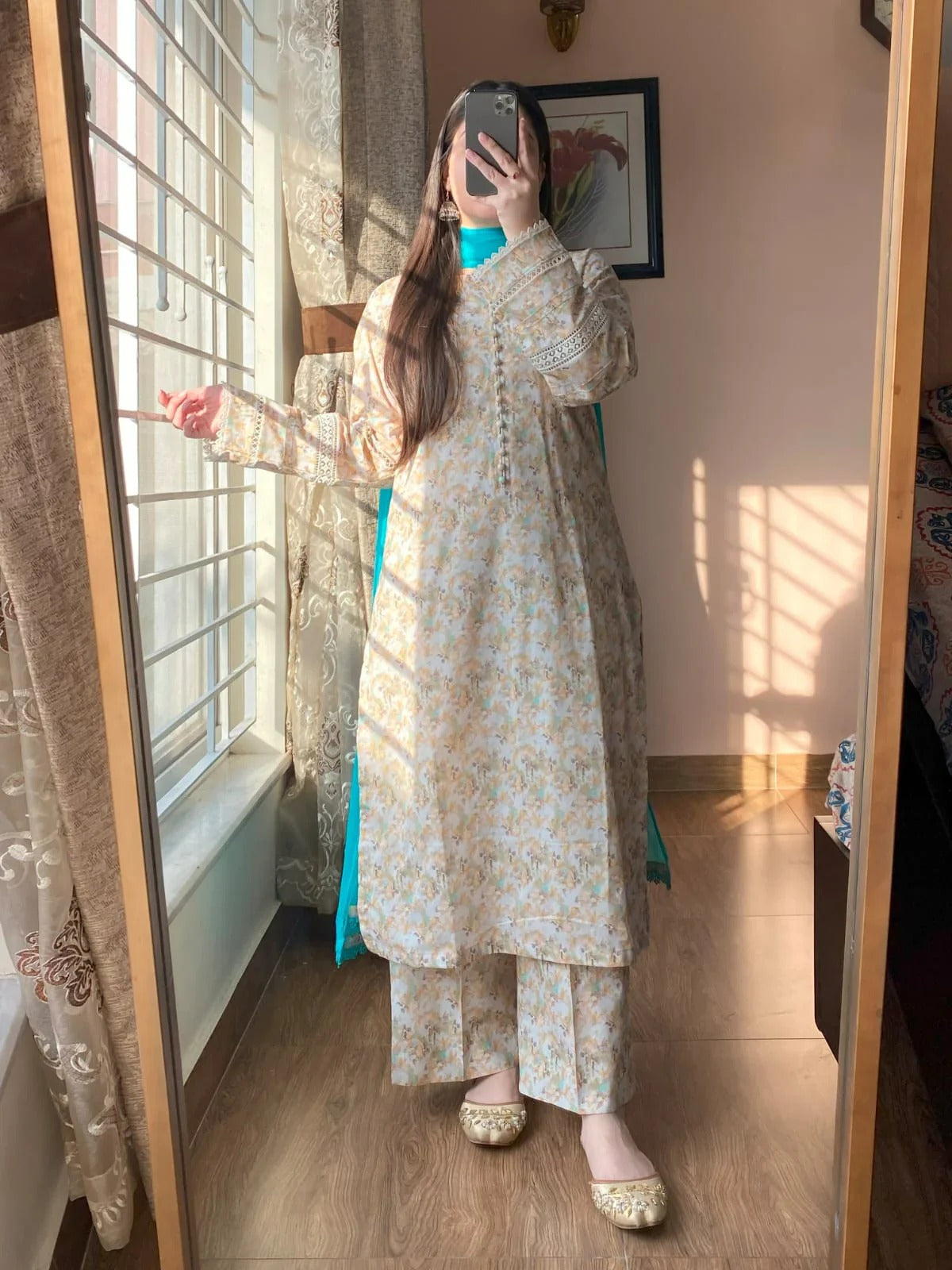 Pastel Beige Floral Cotton Kurta Set with Teal Dupatta