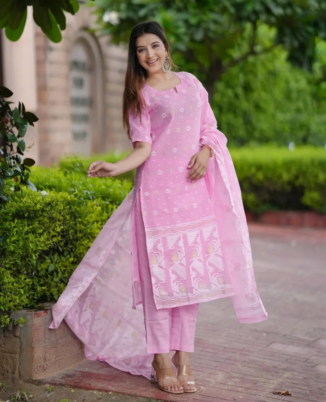 Soft Baby Pink Ikat Printed Cotton Suit Set with Dupatta