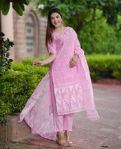 Soft Baby Pink Ikat Printed Cotton Suit Set with Dupatta