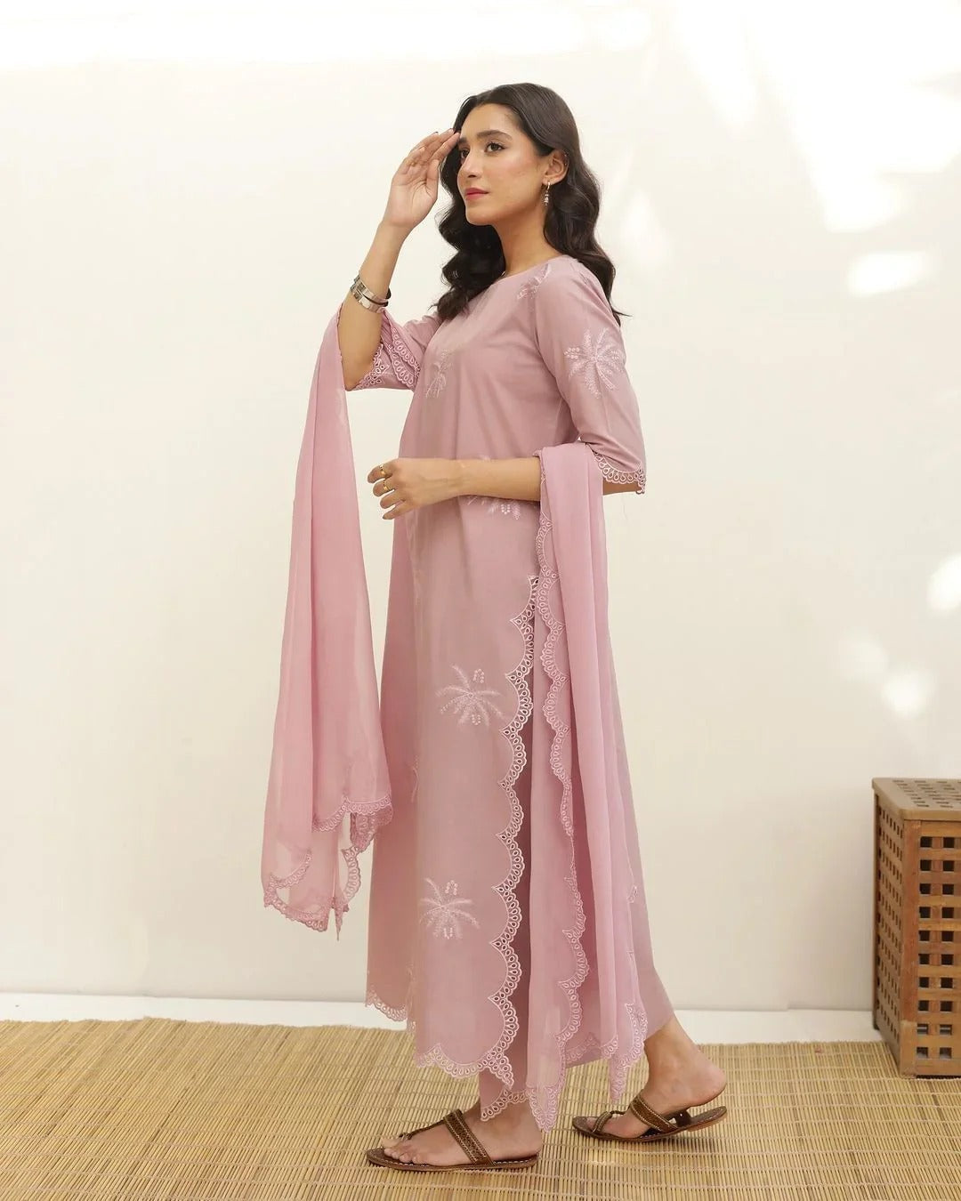 Pastel Pink Embroidered Anarkali Kurta Set with Organza Dupatta