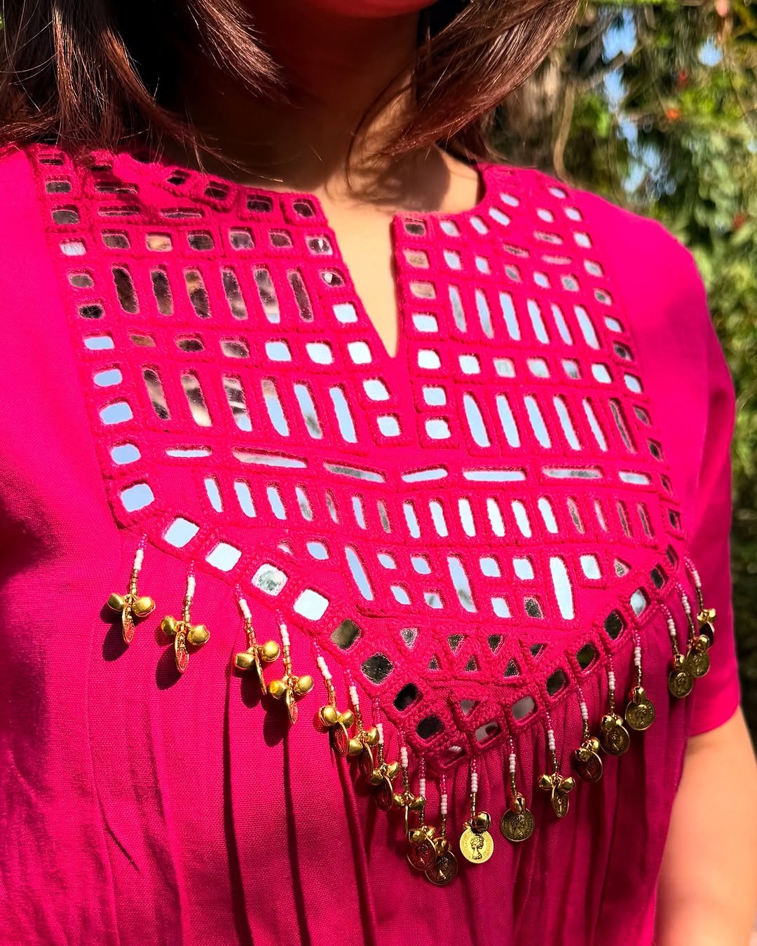 Hot Pink Mirror Work Kurta Set for Women