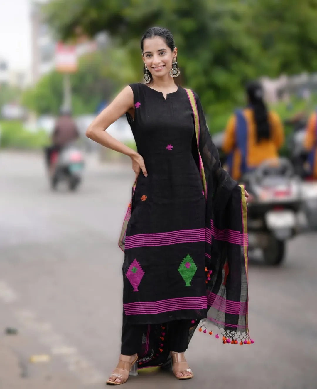 Black Handloom Cotton Suit Set with Multicolor Thread Embroidery & Dupatta