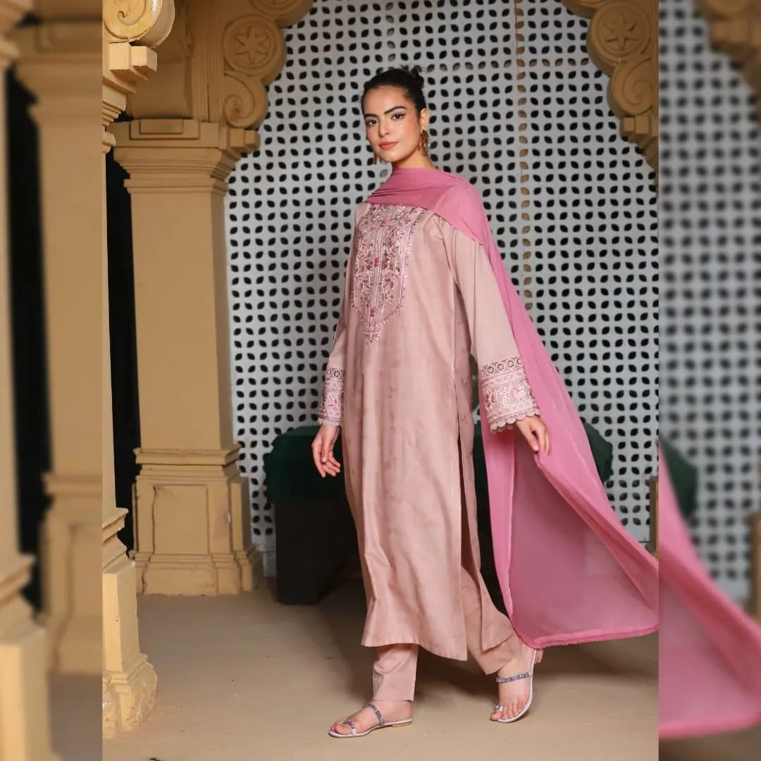 Dusty Pink Embroidered Straight Kurta Set with Dupatta